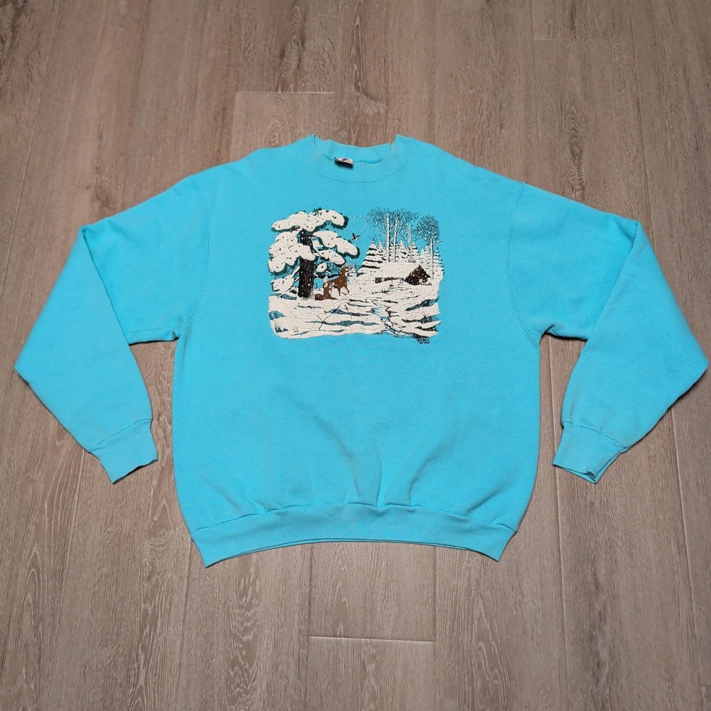 Vintage‎ 1990 Fruit of Loom Winter Cabin Deer Sweatshirt XL Blue USA Puff Print